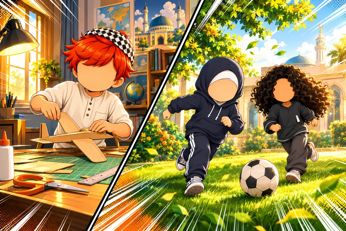 Two scenes side by side: a boy building a wooden plane at his desk; two children playing football in a garden in front of a mosque.