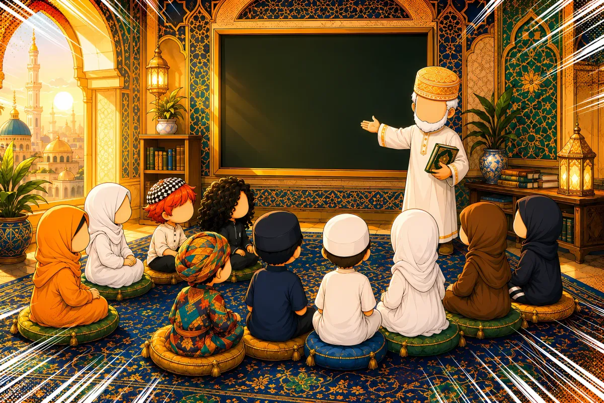 A classroom in blue and gold patterns: nine children seated on cushions facing a green board, an elderly teacher standing holds a book; through the window, a domed city at sunset.
