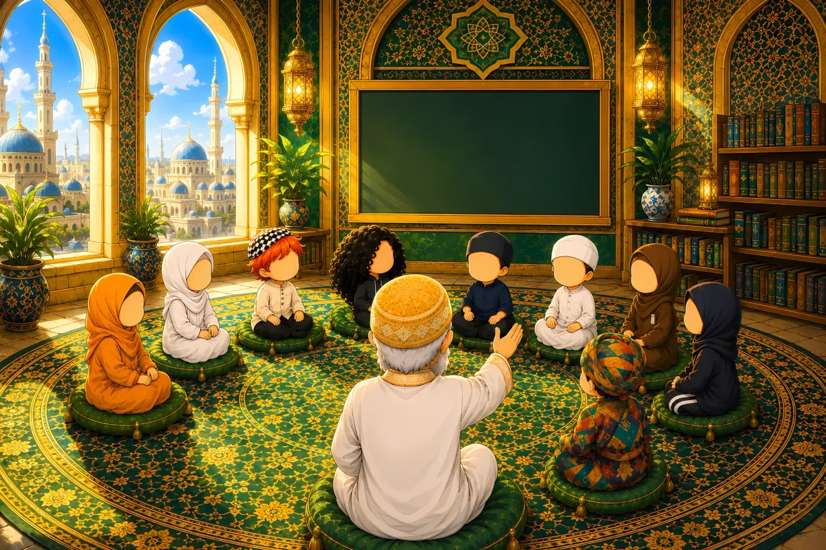 Ten children sitting in a circle on a large green and gold carpet around an elderly teacher, in a room open onto a city of blue domes.